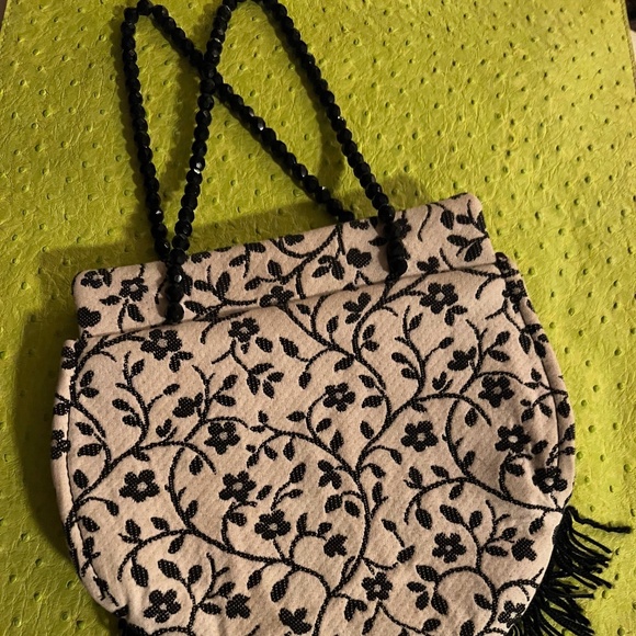 MENA New York Black & White Embroidered W/ Fringe and Beaded Handle Mini Purse - Picture 4 of 8